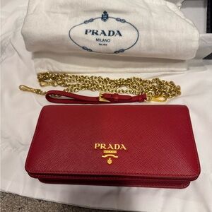 Prada Red Saffiano Leather Wallet-on-Chain with Gold Hardware